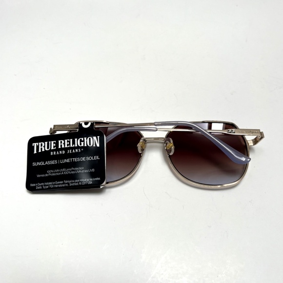 New TRUE RELIGION Square Rhinestone Sunglasses Metal Gold Brown Blue Lens main image 4